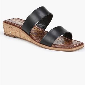 Sam Edelman Black Leather Double-Strap Cork Wedge Sandals